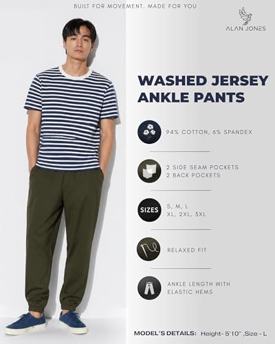 Image of Alan Jones Clothing Mens Washed Jersey Cotton Joggers Pants | Soft Stretch Cotton | Ankle Length with Elastic Hems