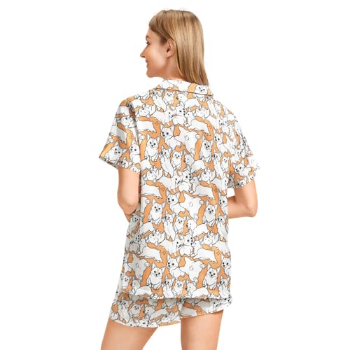 Image of Funny Pajamas for Women Set Print Satin Loungewear Pjs Short Sleeve Button Down Top and Shorts Sets Sleepwear XS-3XL