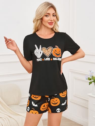 Leevuyu Womens Halloween Pajamas Skeleton Hand Leopard Heart Tops and Pumpkin Shorts Halloween Pjs Set Black S - image 3