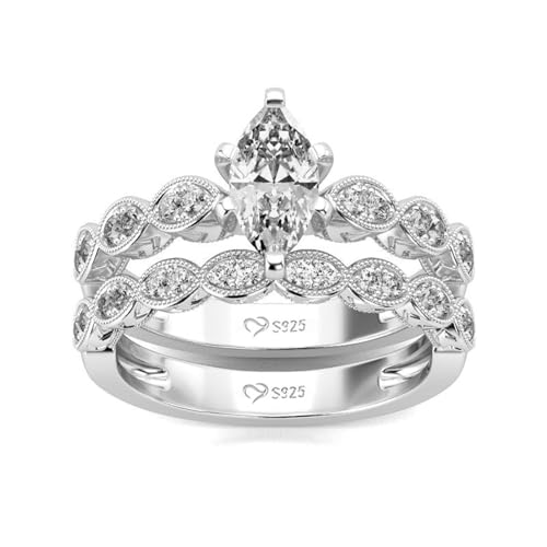 Jeulia 1.6 ct 925 Sterling Silver Bridal Ring Sets Teardrop Marquise Cut Engagement Rings Vintage Pear Promise Ring Wedding Bands for Women with Jewelry Gift Box