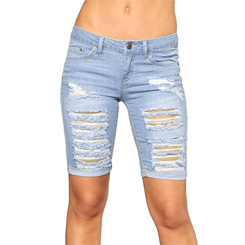JEKE-DG Womens Ripped Jean Shorts Summer High Waist Casual Short Jeans Frayed Distressed Raw Hem Tassels Denim Shorts (Medium,Light Blue)