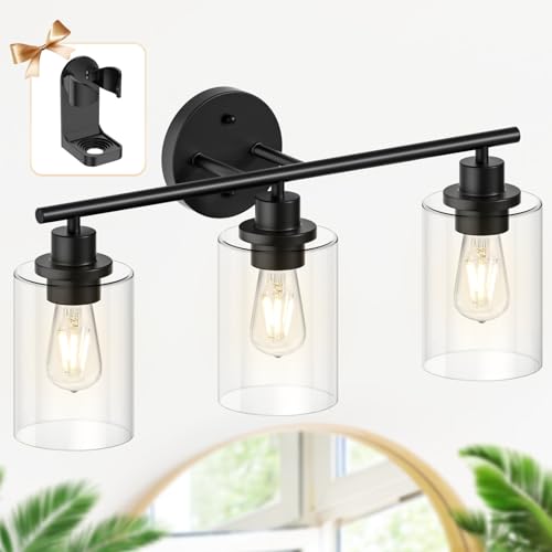 Image of Modern Black Bathroom Light Fixtures over Mirror - 3 Light Bathroom Vanity Light Wall Sconces lighting with Clear Glass Shade Vanity Lights for Bathroom, Kitchen, Bedroom, Hallway and More Scenarios