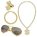 4 piezas de collar de oro falso para disfraz de rapero, gafas de sol punk, de dedo para hombres y mujeres