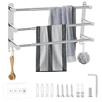 KINDPMA Adjustable Towel Rail Wall Mounted 43-75cm Self Adhesive Bathroom Towel Holder Retractable Stainless Steel Towel Rack with Hooks for Shower Kitchen