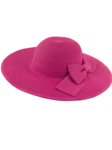 Fashion Womens Girl Bow Wide Large Brim Straw Derby Cap Summer Beach Sun Hat Hot Pink