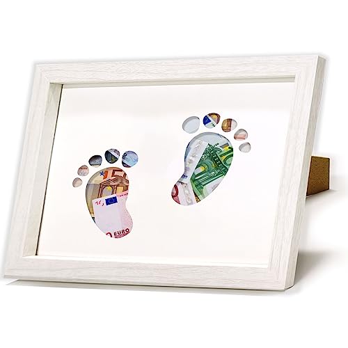 HSDSH Geldgeschenk Geburt, Taufgeschenke für Mädchen Jungen, Geschenk für Taufe, Kommunion, Konfirmation, Baby Shower, Holzrahmen, 17x23cm, stabiles MDF-Holz, bruchsicheres Acrylglas