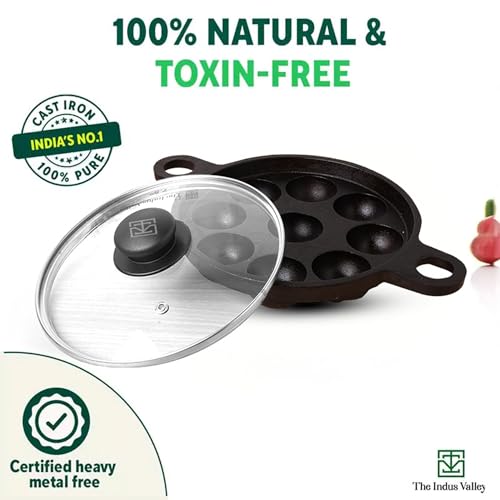 The Indus Valley Super Smooth Cast Iron Paniyaram Pan with Glass Lid | 9 Pit, 20.8cm/8.2inch, 2.7kg, Gas Compatible | Pre-Seasoned, 100% Toxin-Free, Naturally Non-Stick, Long Lasting
