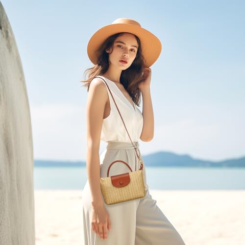 KKXIU Top Handle Small Straw Woven Crossbody Bag for Women Summer Mini Straw Beach Clutch Shoulder Purse (brown)3