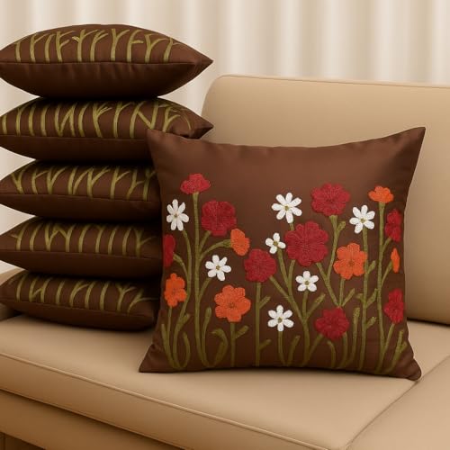 Image of LOFEY Satin Cushion Covers Set of 5 | 16 inch x 16 inch (40x40 cm) MultiFloral Decorative Sofa & Bed Pillow Covers for Living Room & Bedroom Decor (Without Filler) (Brown)