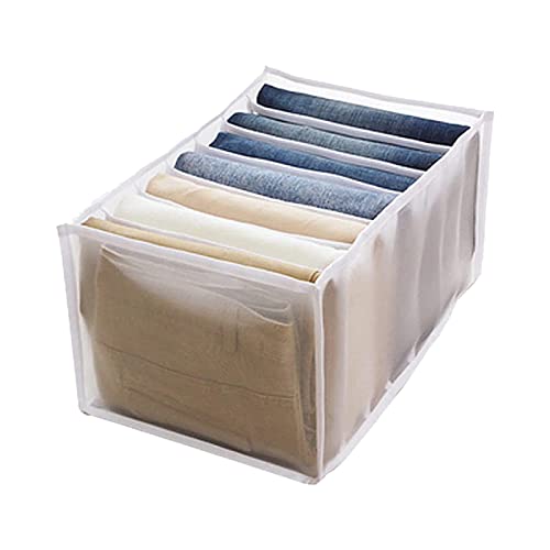 Wardrobe Clothes Organizer, 7 Grids Folding Clothes Drawer Mesh Separation Box Pants Jeans Leggings Shirts Compartment Storage Box Foldable Clothing Storage Bins (Large Jeans, White)