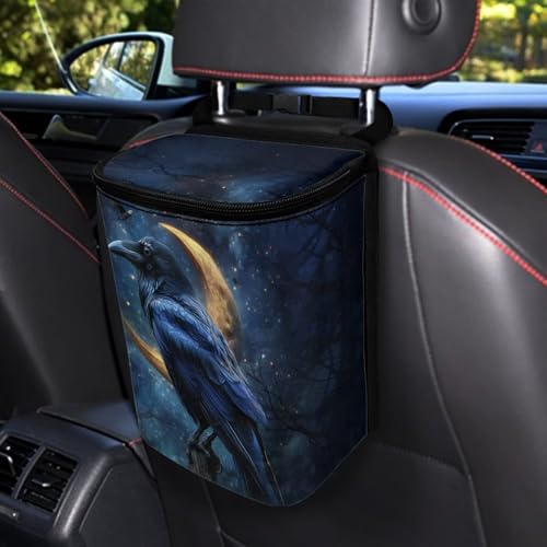 Image of Talayituse Crow Moon Galaxy Print Car Trash Can Portable Auto Garbage Bin Multifunctional Vehicle Interior Accessories with Adjustable Straps Universal Fit Truck SUV Sedan