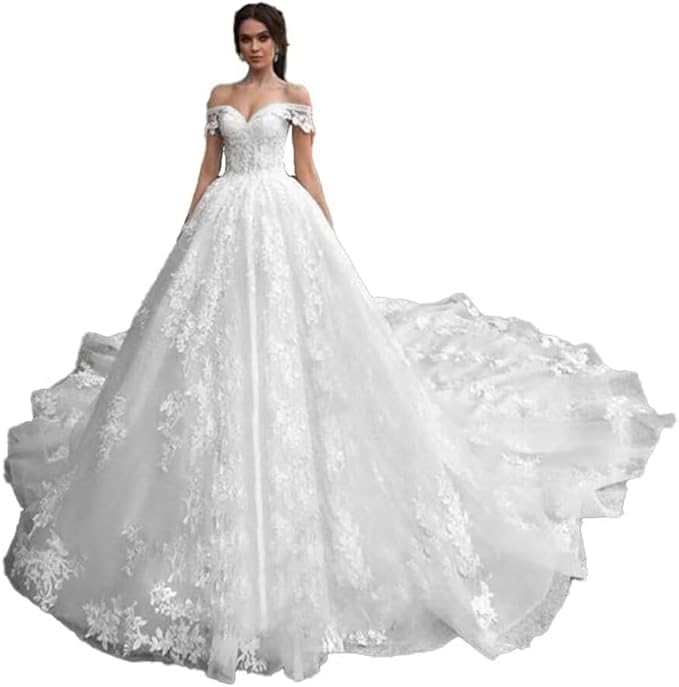 Off Shoulder Lace Applique Wedding Dress for Bride Strapless A-Line Tulle Bridal Ball Gown with Corset