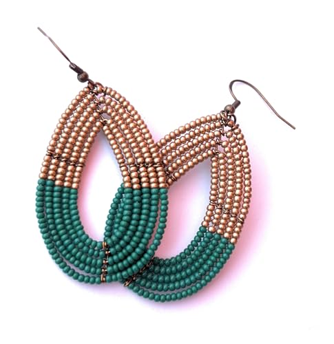 Green and Gold Gameday Seed Bead Teardrop Earrings – Handmade Team Spirit Earrings for Women, Lightweight Beaded Hoops