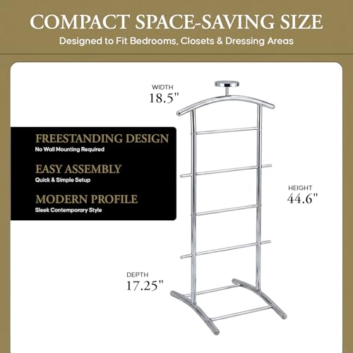 Image of Kings Brand Freestanding Metal Suit Valet Stand with Tie Bar, Chrome | Complete Clothing Organizer with Hanger, Trouser Bar & Shelf Keeps Jackets, Pants, Ties, Belts & Accessories Organized