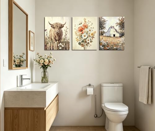 Image of Frimeeme Wildflower Farmhouse Poster Set of 3, 12x16 Inch | Highland Cow Wall Art,Unframed Prints