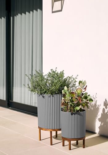 Image of Veradek Demi Series Raised Duo Planters - Set of 2 Planters with Stands | Made From a Durable Plastic-Stone Composite & Comes With Wooden Stand. Modern Porch /Patio Decor
