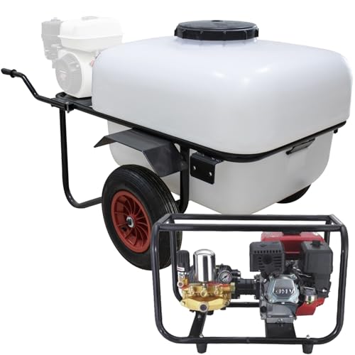 Carretilla fumigadora 200 litros con motor gasolina 6,5cv y bomba con 3 pistones 40bar 33ltr. Uso profesional intensivo. Sulfatadora para todo tipo de líquidos.
