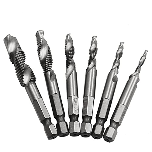 6Pcs/1Pcs 1/4Inch Hex HSS High Speed Steel Thread Spiral Screw Metric Composite Tap Drill Bit Tap MINGPING (Color : 6PC)