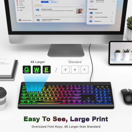 Image of Atelus Large Print Backlit Keyboard, USB Wired Computer Keyboard, Full Size Keyboard with Rainbow Illuminated LED Compatible for Windows Desktop, Laptop, PC, Gaming, Black