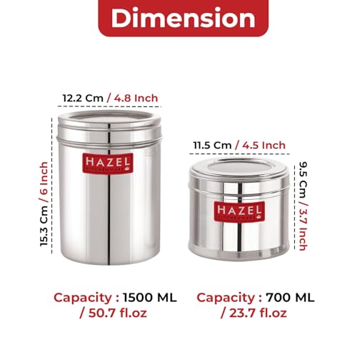 Image of HAZEL Stainless Steel Kitchen Containers Set of 3 | Top See Through Stainless Steel Airtight Masala Box for Kitchen Storage with Airtight Lid, Silver
