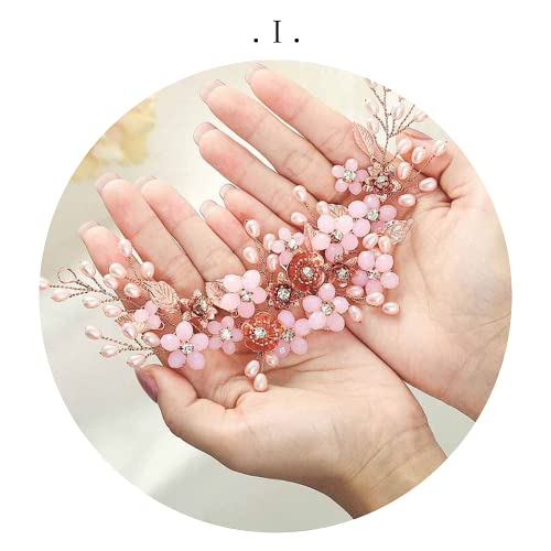 ISLHJDD Crystal Bridal Flower Wedding Hair Vine Pearl Hair Accessories Bridal Hair Clip Bridal Headband Headpiece for Women and Girls (Pink B) - Image 4