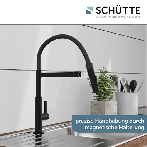 SCHÜTTE 79147 MIAMI Küchenarmatur 360° mit Soft Touch Schlauch, Einhebelmischer mit ausziehbarer, magnetischer Geschirrbrause, Mischbatterie für die Spüle, Wasserhahn Küche Schwarz Matt
