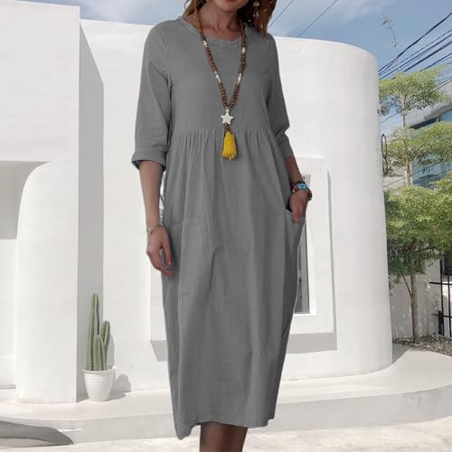 Cotton Linen Dresses for Women 2025 3/4 Sleeve Long Dress Crew Neck Solid Summer Vacation Dresses Casual Sundress2