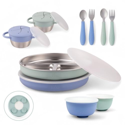 Elk and Friends Set per pasti per bambini in acciaio inox, piatti, ciotole, tazze per snack + utensili per bambini, manicotti a ventosa in silicone + coperchi da viaggio, per pasti e snack, lavabile