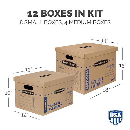 image for Bankers Box Classic Moving Box 12 Pack Kit, Reinforced Handles, Tape-F