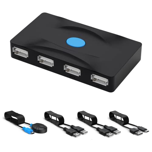 ES-Tune USB切替器 USB2.0 PC2台用 2入力4出力 切り替え セレクター プリンタ マウス ハブ キーボードなどを共有 手動切替 簡単切替 ホットスワップ機能 活線挿抜 マイクロUSBで給電可能 USB2.0ケーブル付き 有線切替器付き タイプC給電ケーブル 1年間保証付き