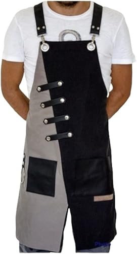 Miniatura 3 de MONAPRON Delantal profesional unisex, lona de algodón negro y gris, muchos bolsillos, espalda cruzada, hombres y mujeres, adultos