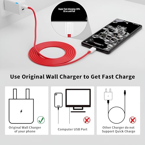 Image of Hoerrye Oneplus Original 65W Type C To C Warp /Dash /Supervooc Fast Charging Cable Compatible With One Plus 12,12R,11,11R,10,10 Pro,10T,9,9R,9Rt 5G,8,8 Pro,Nord,Ce 2 Lite 5G,3.3Ft Usb C Type Cable-Red