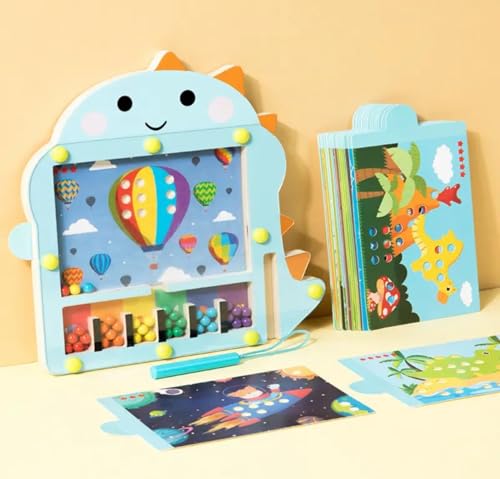 Image of GETT, Educational Toy Magnetic Bead Maze Puzzle Board with Flash Cards Wooden Baby Dinosaur Magnetic Maze, Medium, Blue