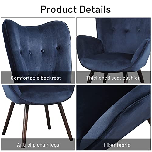 Furniturer Velvet Accent Chair, Modern Wingback Tufted Vanity Armchair Upholstered Tall Back With Arms Solid Wood Legs For Living Bedroom Waiting Room Lounge Leisure, Blue #TOP3