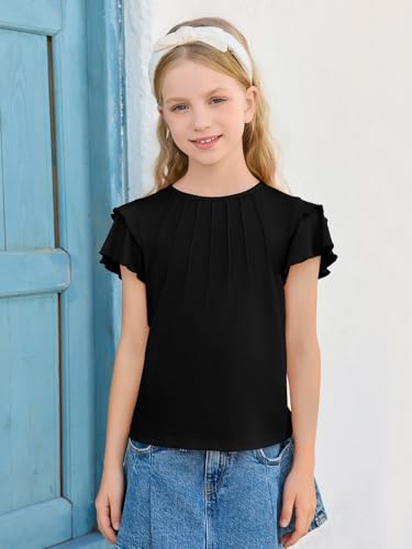 Image of Haloumoning Girls Pleated Ruffle Short Sleeve Shirts Kids Summer Crewneck T-Shirts Fashion Tops Tees 5-14 Years