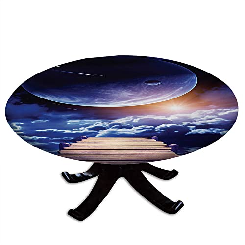 Outer Space Round Tablecloth, Watching A Meteor Rain From A Wooden Dock Under The Sun Rays Image, For Dining Tables, Self-Service Parties And Camping, Fit For 48" Table, Indigo Orange Brown #TOP29