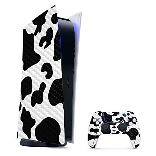 MightySkins Carbon Fiber Gaming Skin for PS5 / Playstation 5 Digital Edition Bundle - Cow Print | Durable Textured Carbon Fiber Finish | Easy to Apply and Change Styles | Made in The USA