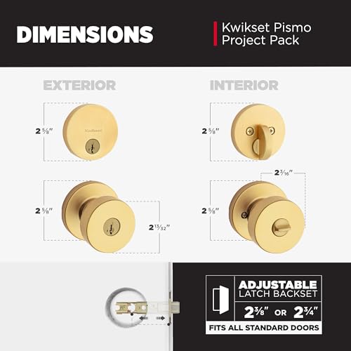 Image of Kwikset Pismo Round Front Door Lock Handle and Deadbolt Set, Entry Exterior with Interior Door Knob, Satin Brass, Project Pack, Pick Resistant SmartKey Rekey Deadbolt Security