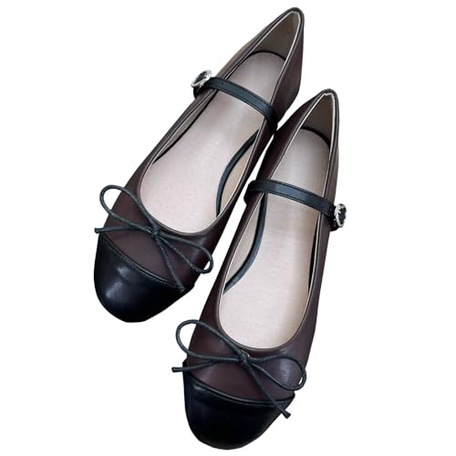 Image of TN TANGNEST Women's Mary Jane Flats Bow Ballet Shoes | Round Toe Flats with Buckle Strap Dressy Comfortable Faux Suede Flats