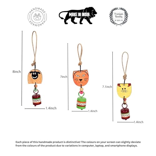 Image of Aakriti Art Creations Zuki Trio Wooden Animal Hanging Bells Set of 3 | Handmade Modern Art Wooden & Metal Wind Chimes | Indoor & Outdoor Hanging for Balcony, Garden, Living Room & Gifting