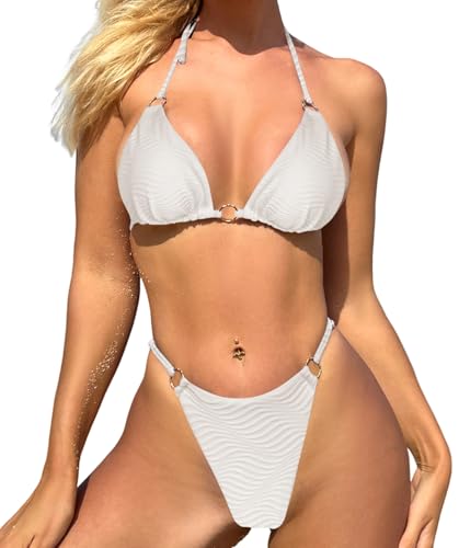 Image of MIKETAI Sexy Bikinis for Women 2 Piece Bikini Spaghetti Strap Swimsuits Solid Color Bathing Swimwear Triangle Bathing Suit