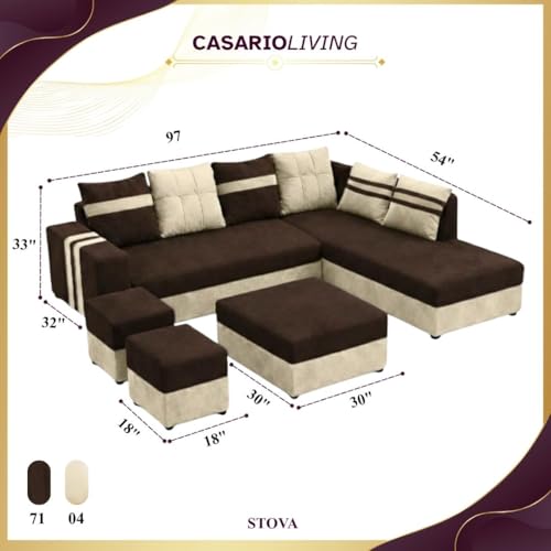 Image of Stova Luxe Velvet-Suede Fabric 8 Seater RHS Sofa Set | with 2 Ottomans& Centre Table| Comfortable & Spacious Seating | Modern Sofa Set for Living Room - Dark Brown & Cream