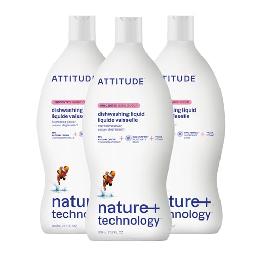 Image of ATTITUDE Dish Soap, EWG Verified, Plant-Based & Vegan Dishwashing Liquid, Naturally Derived, Unscented, 23.7 Fl Oz (Pack of 3)