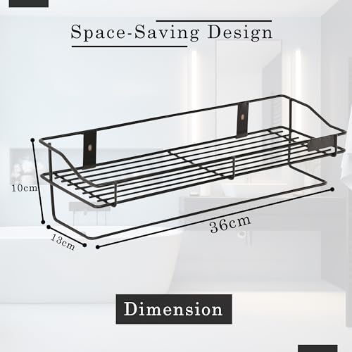 Image of Kuber Industries Pack of 2 Metal Bathroom Shelf for Wall - Washroom Organizer Shampoo Holder Stand & 14 Inch Kitchen Storage Rack - Black