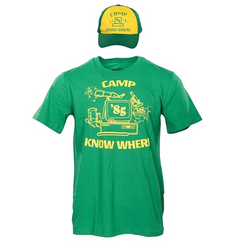 Mad Engine Stranger Things Dustin Camp Know Where Adult Halloween Costume T-Shirt and Hat Set Cosplay (XX-Large)