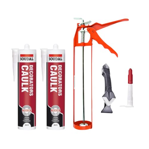 Decorators Caulk White Bundle: White Decorators Caulk Gap Filler Acrylic Silicone Adhesive Sealant 290ml 2x, Skeleton Caulking Gun, Silicone Sealant Finishing Tool and Threaded Nozzle with Cap