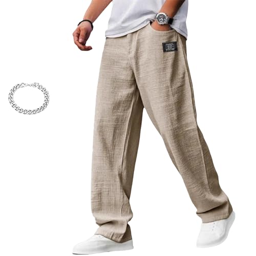 Mokaloha Mens Pants, Fall Men's Casual Hemp Fabric Embroidered Logo Drawstring Loose Elastic Waist Pocket Trousers