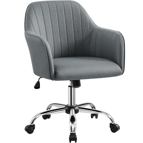Yaheetech Silla de Oficina Ergonómica Reclinable Silla de Escritorio Giratorias con Ruedas, Ajustable en Altura, Asiento Acolchado, Tela de Lino, para Estudio/Dormitorio/Tocador, Gris Oscuro