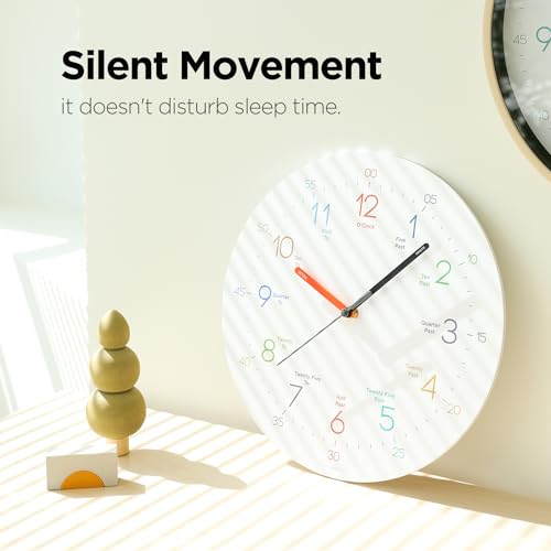 Image of mooas Easy Learning Flatwood Wall Clock,12 inch Wood Clock | Non-Ticking Sweep Movement Decorative Clock Battery Operated Wall Clock for Home Living Room Bedroom School