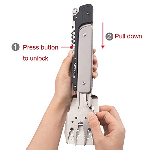 Image of ROXON S601 6-in-1 Folding Grill Tool Set, 14 inch BBQ Utensils for Camping Grey | Includes Fork, Spatula, Knife, Tongs, Bottle Opener & Corkscrew. LFGB Certified, Dishwasher-Safe, Portable for Outdoor BBQ
